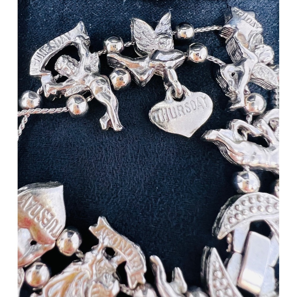 Vintage Silver Tone Days of the Week Cherub Angel Celestial Heart Charm Bracelet - Picture 2 of 11